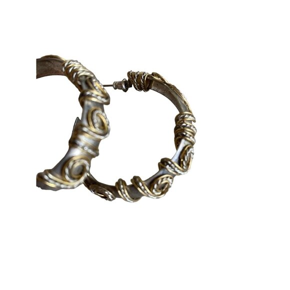 Vintage Silver & Gold-Tone Hoop Earrings With Intricate Wire Wrap Design - Picture 3 of 4